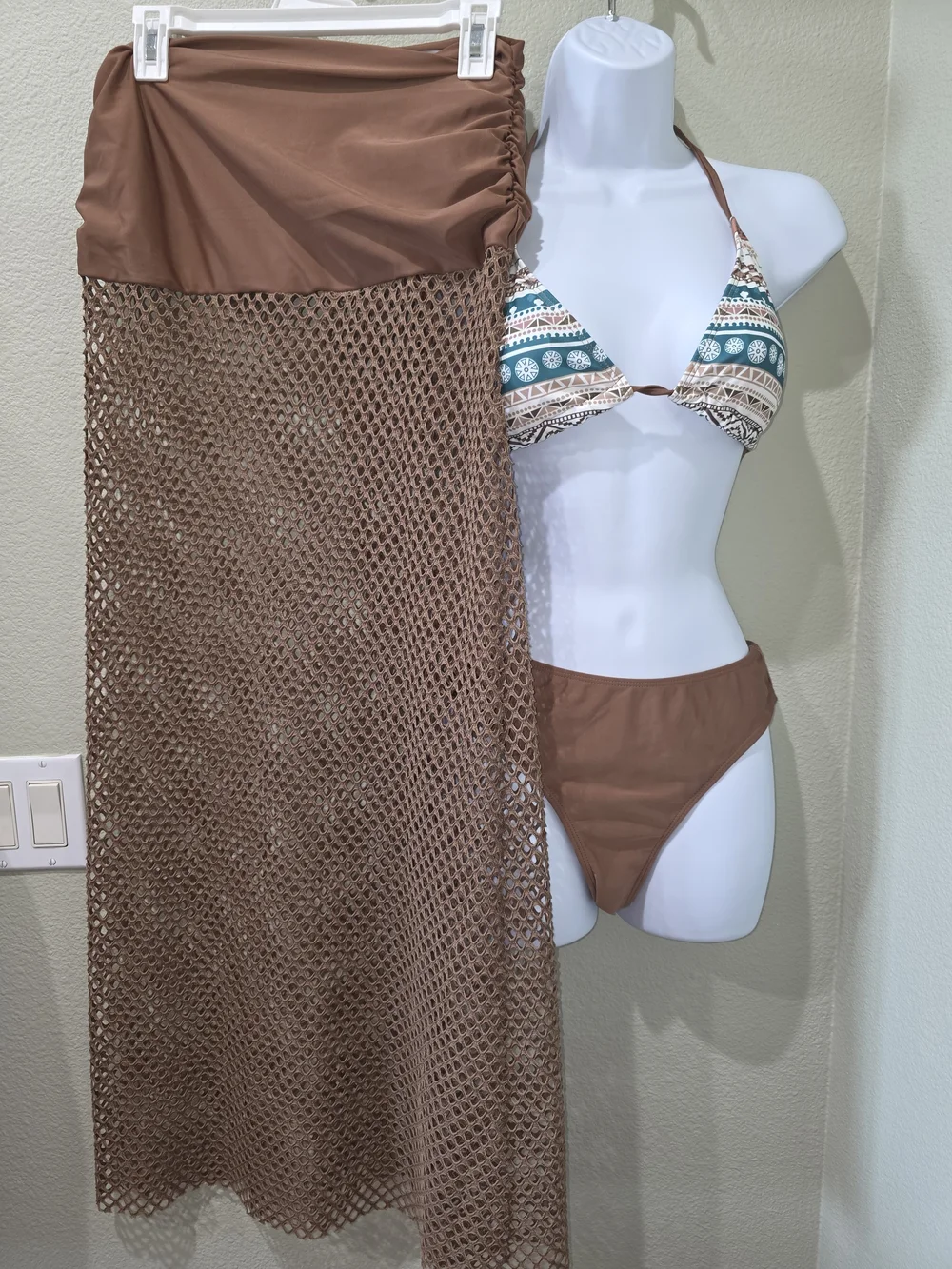 Brown Mesh Swim Cover-Up Skirt with Matching Bikini Set